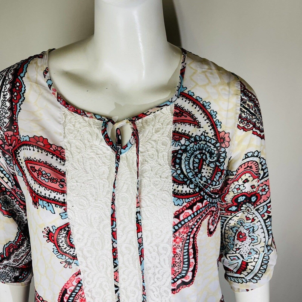 Multiples Womans Sz Large Red Paisley Neck 3/4‎ Sleeve Tie Neck - Picture 4 of 8